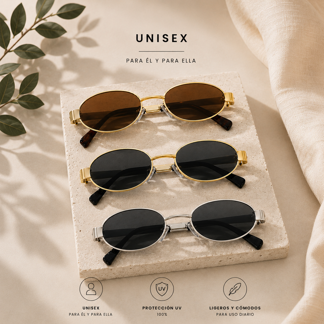Gafas de sol con diseño moderno y elegante, ideales para proteger los ojos de la luz solar mientras complementan su estilo en actividades diarias y al aire libre.