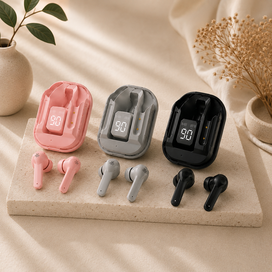 Audífonos inalámbricos Bluetooth con estuche de carga portátil y pantalla LED digital, diseño moderno, compacto y ergonómico para música, llamadas y uso diario.