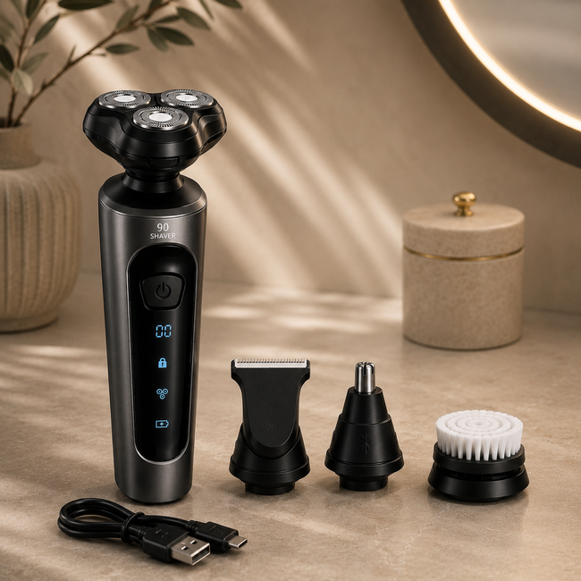 Afeitadora 4 en 1 Pro recargable con cabezal rotativo triple, perfilador nasal, cabezal de precisión y cepillo facial para el cuidado personal masculino.