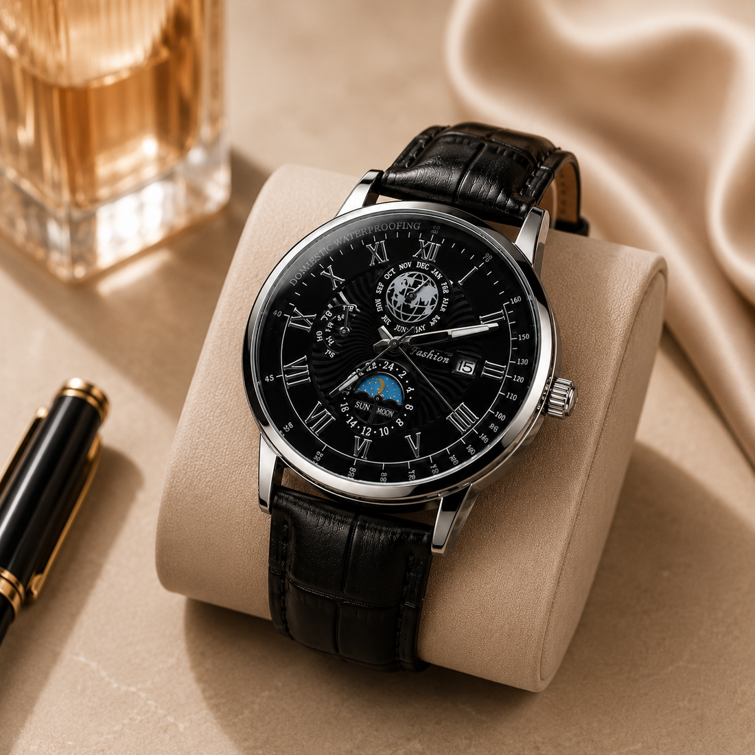 Reloj analógico redondo color negro con diseño elegante, esfera de fácil lectura, acabado moderno y estilo versátil para uso diario o formal.