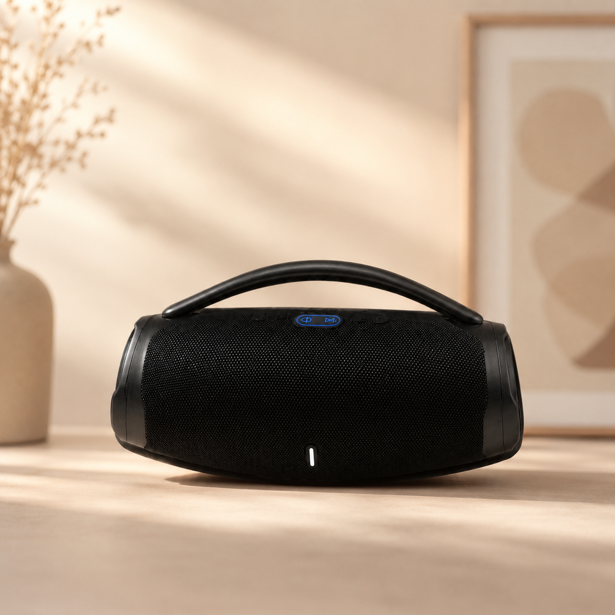 Altavoz inalámbrico BOX3 Mini LED con batería recargable de 1500mAh, diseño compacto y asa para fácil transporte.