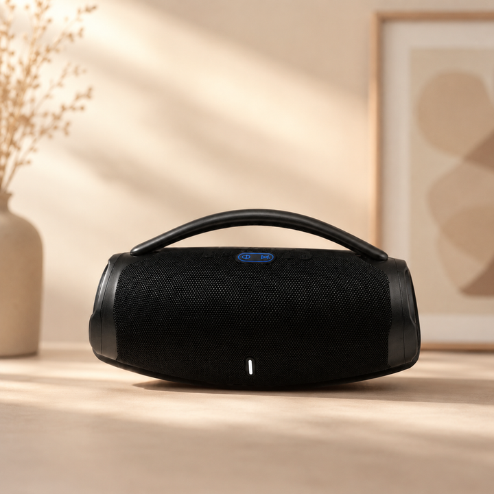Altavoz inalámbrico BOX3 Mini LED con batería recargable de 1500mAh, diseño compacto y asa para fácil transporte.