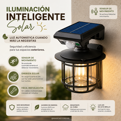 Lámpara solar LED para jardín con panel solar integrado y montaje en pared para uso exterior.