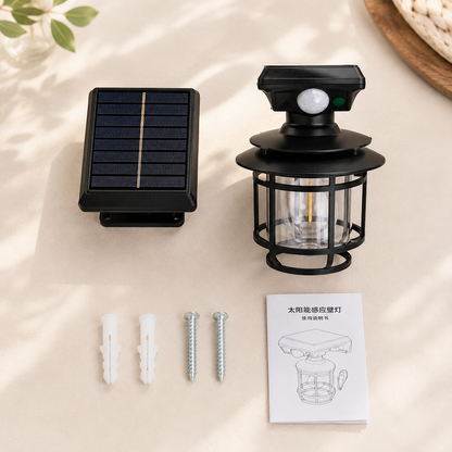 Lámpara solar LED para jardín con panel solar integrado y montaje en pared para uso exterior.