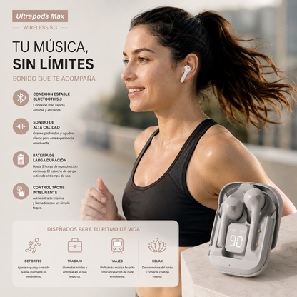 Audífonos inalámbricos Bluetooth con estuche de carga portátil y pantalla LED digital, diseño moderno, compacto y ergonómico para música, llamadas y uso diario.