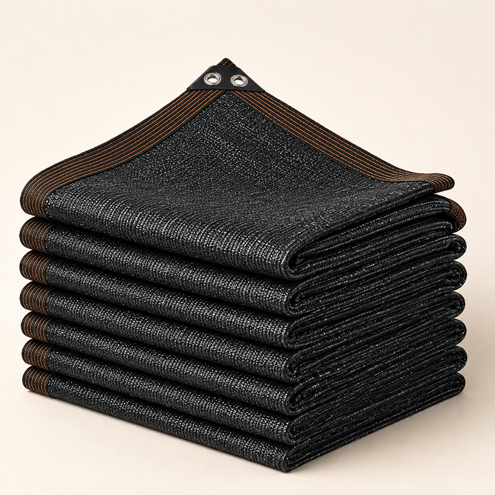 Malla sombra negra doblada, con bordes reforzados color café y ojales metálicos. Ideal para crear sombra en cocheras, patios, terrazas, jardines y áreas exteriores.
