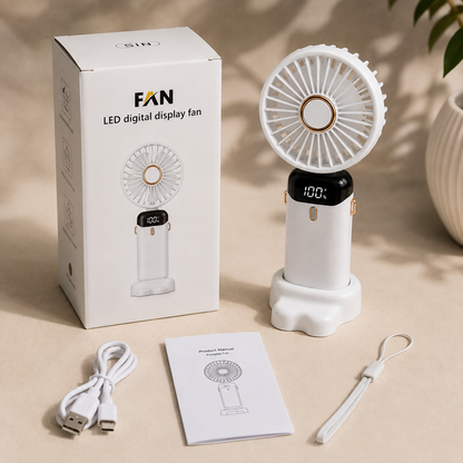 Ventilador portátil recargable USB con 5 velocidades, pantalla digital, base de escritorio, correa para cuello y batería de 1200 mAh.