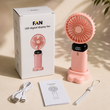 Ventilador portátil recargable USB con 5 velocidades, pantalla digital, base de escritorio, correa para cuello y batería de 1200 mAh.
