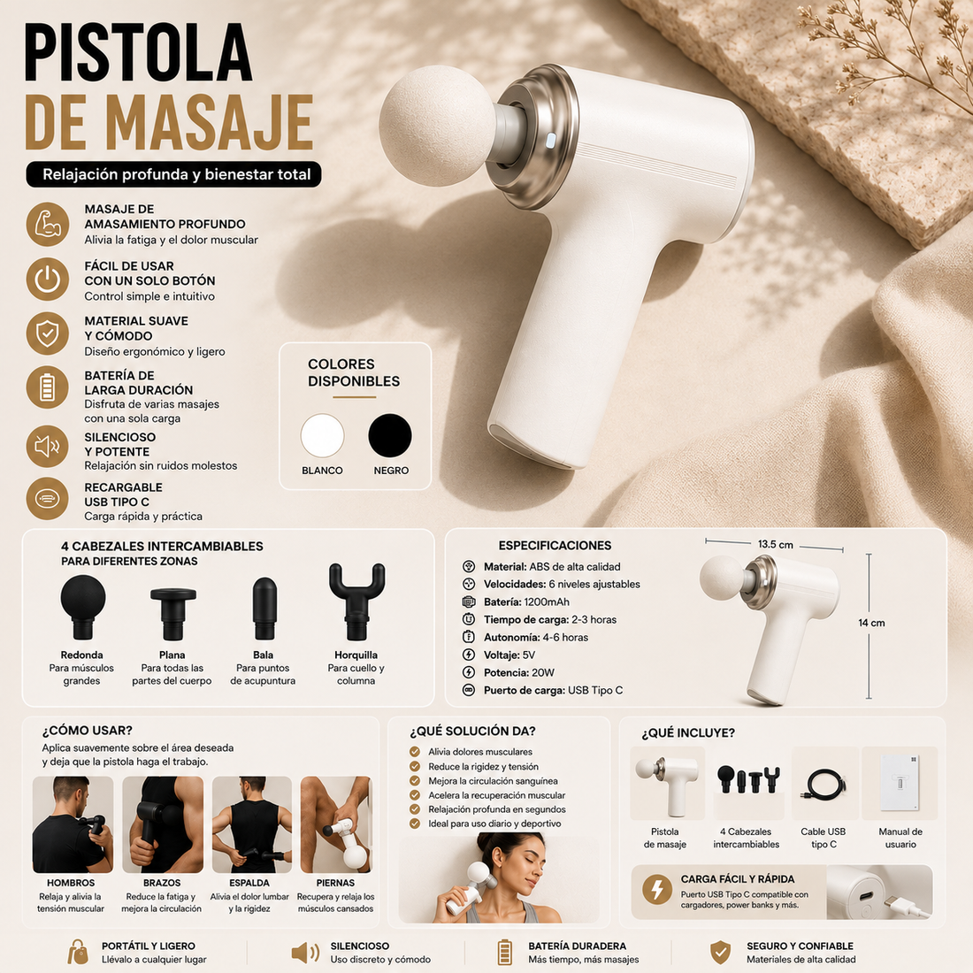 Pistola de masajes muscular con diseño ergonómico, ideal para aliviar la tensión, favorecer la recuperación después del ejercicio y brindar masajes de percusión en diferentes zonas del cuerpo