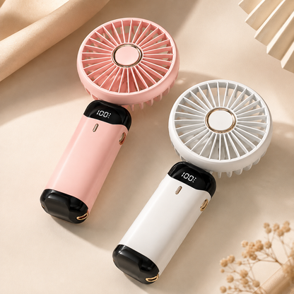 Ventilador portátil recargable USB con 5 velocidades, pantalla digital, base de escritorio, correa para cuello y batería de 1200 mAh.