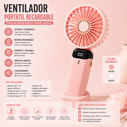 Ventilador portátil recargable USB con 5 velocidades, pantalla digital, base de escritorio, correa para cuello y batería de 1200 mAh.