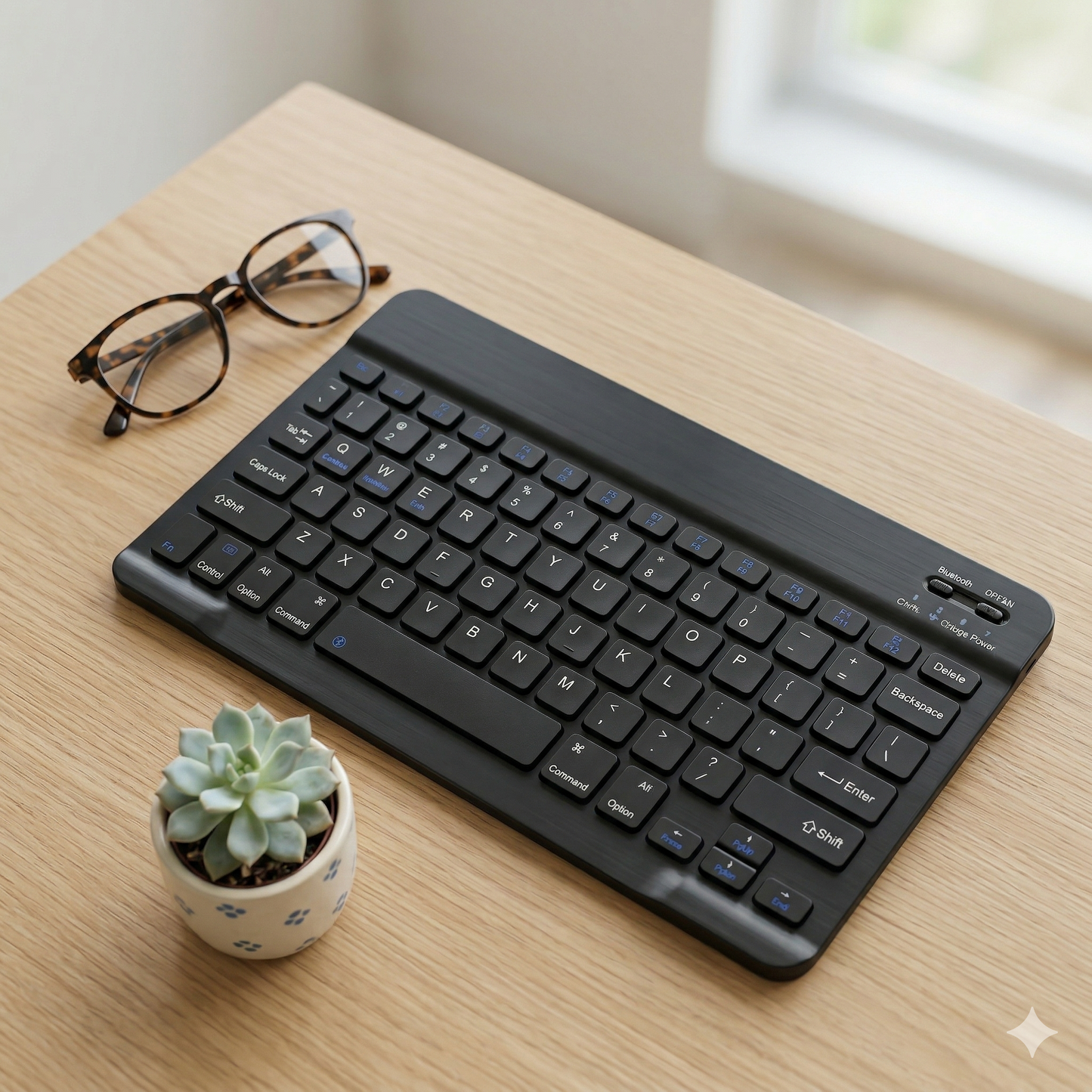 Teclado inalámbrico Bluetooth recargable color negro con teclas multimedia, compatible con Android, iOS y Windows, diseño compacto y portátil para trabajo, estudio y uso diario.
