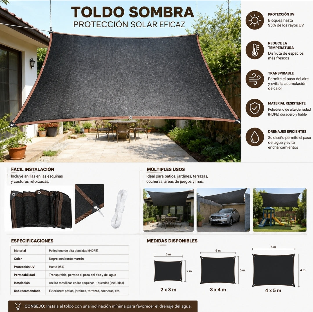 Protege tus espacios del sol y disfruta un ambiente más fresco con este toldo de sombra de alta resistencia. Su diseño transpirable permite la circulación del aire mientras ayuda a reducir el calor y la exposición a los rayos UV. Fabricado con tela reforzada, bordes resistentes y ojales metálicos para una sujeción más segura, es una excelente opción para patios, jardines, piscinas, terrazas y cocheras. Además, su instalación es práctica y su material está diseñado para resistir las condiciones del exterior,