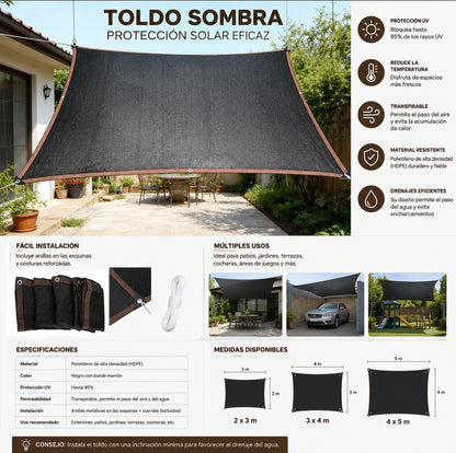 Protege tus espacios del sol y disfruta un ambiente más fresco con este toldo de sombra de alta resistencia. Su diseño transpirable permite la circulación del aire mientras ayuda a reducir el calor y la exposición a los rayos UV. Fabricado con tela reforzada, bordes resistentes y ojales metálicos para una sujeción más segura, es una excelente opción para patios, jardines, piscinas, terrazas y cocheras. Además, su instalación es práctica y su material está diseñado para resistir las condiciones del exterior,