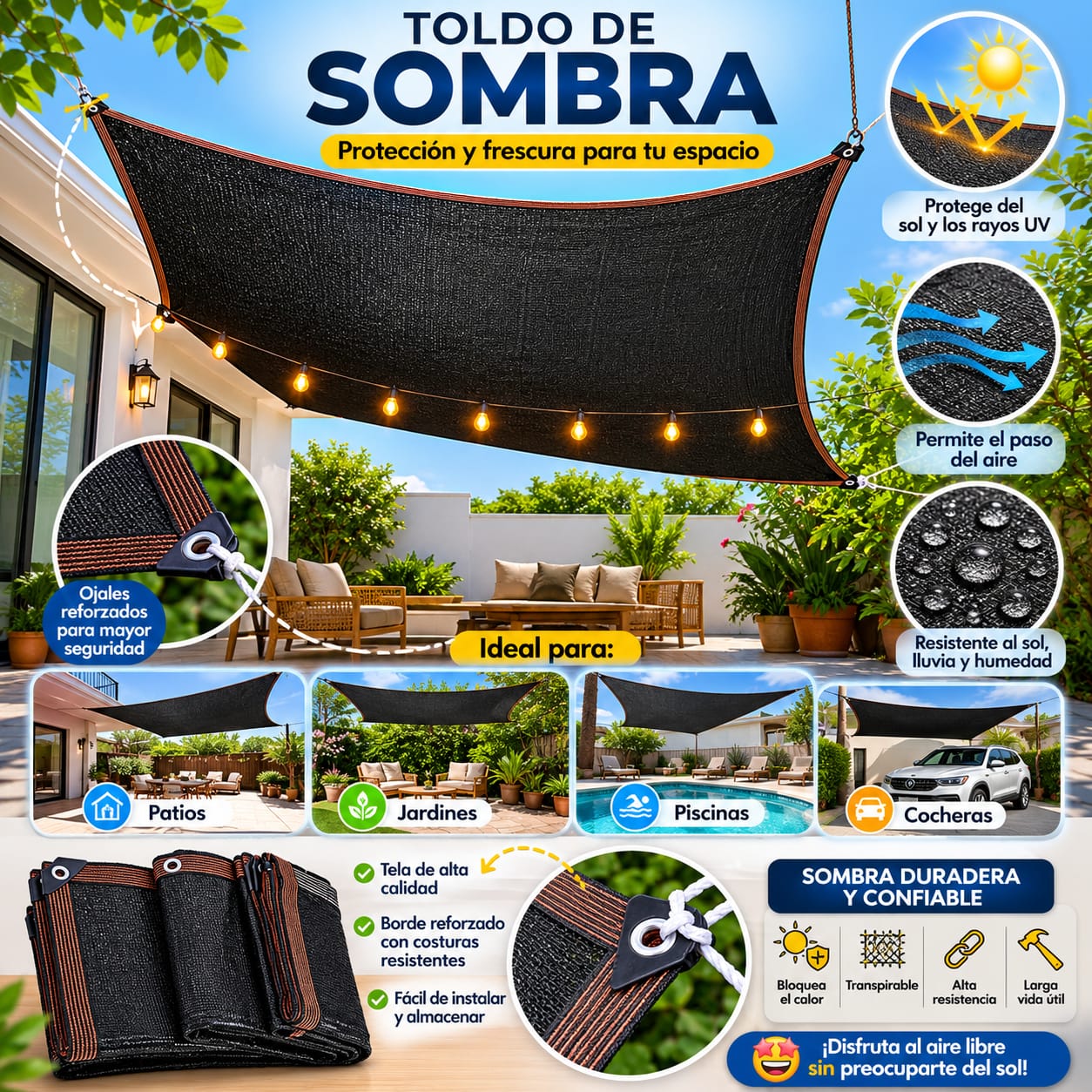 Protege tus espacios del sol y disfruta un ambiente más fresco con este toldo de sombra de alta resistencia. Su diseño transpirable permite la circulación del aire mientras ayuda a reducir el calor y la exposición a los rayos UV. Fabricado con tela reforzada, bordes resistentes y ojales metálicos para una sujeción más segura, es una excelente opción para patios, jardines, piscinas, terrazas y cocheras. Además, su instalación es práctica y su material está diseñado para resistir las condiciones del exterior,