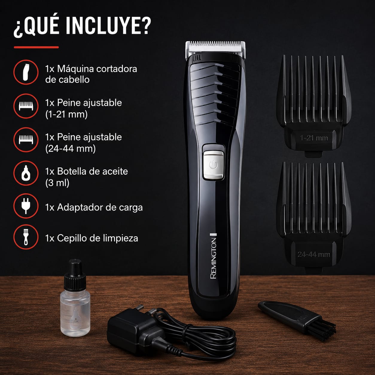 Caja de máquina cortadora de cabello inalámbrica Remington Power Series HC7130 en color negro y rojo. El empaque muestra la cortadora al frente e indica motor ProPower, 16 longitudes ajustables de 1 a 44 mm y hasta 40 minutos de autonomía. La caja está colocada sobre una mesa de madera con decoración de lámpara y plantas al fondo.