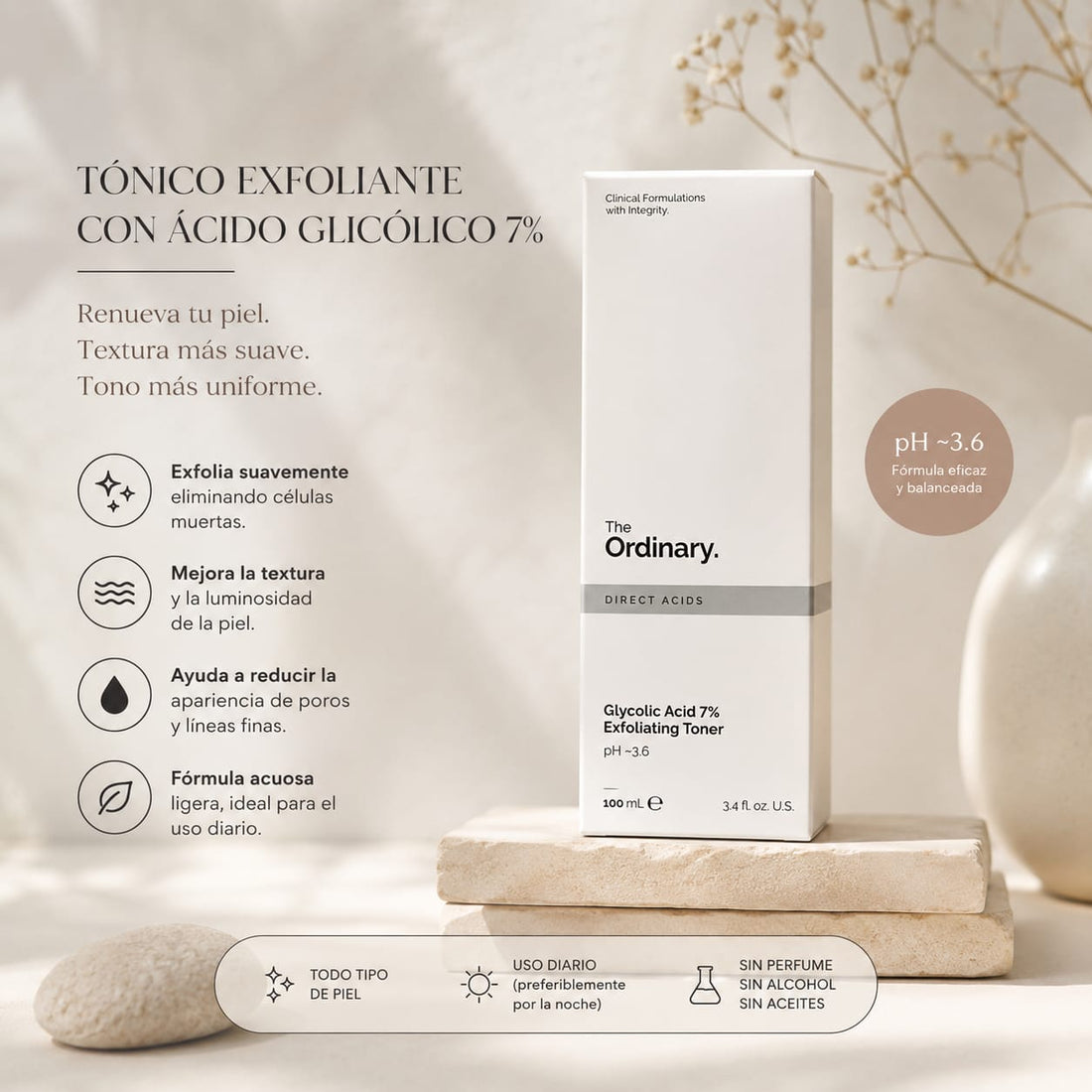 Tónico Exfoliante The Ordinary Glycolic Acid 7% de 100 ml en su empaque blanco, acompañado de ilustraciones que muestran sus posibles usos en rostro, pecho, espalda, codos, rodillas y talones. La imagen destaca beneficios como mejorar la textura y luminosidad de la piel, reducir imperfecciones y poros, y su fórmula acuosa de rápida absorción.