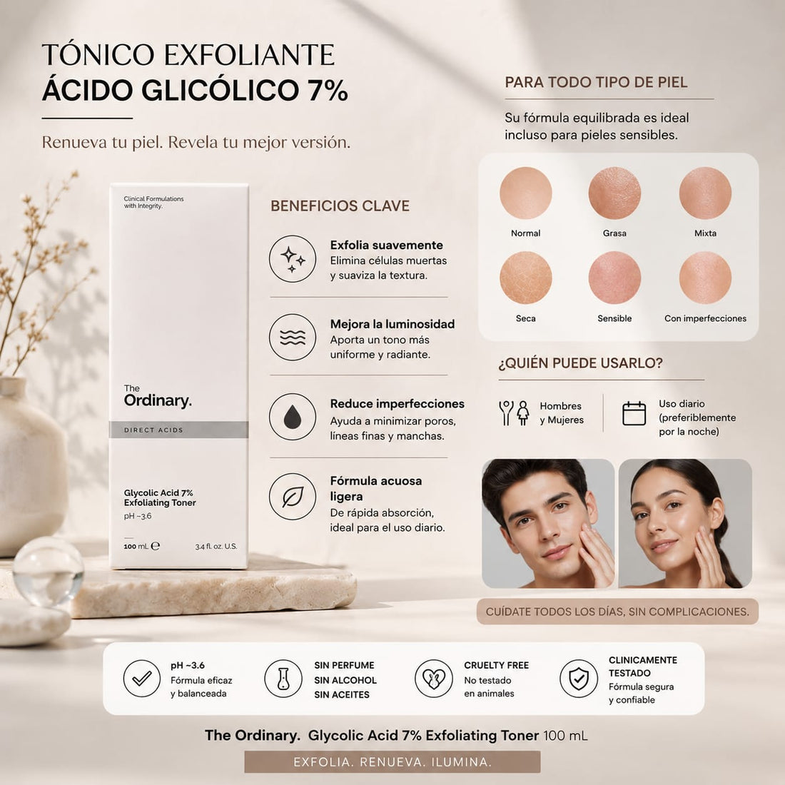 Tónico Exfoliante The Ordinary Glycolic Acid 7% de 100 ml en su empaque blanco, acompañado de ilustraciones que muestran sus posibles usos en rostro, pecho, espalda, codos, rodillas y talones. La imagen destaca beneficios como mejorar la textura y luminosidad de la piel, reducir imperfecciones y poros, y su fórmula acuosa de rápida absorción.