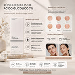 Tónico Exfoliante The Ordinary Glycolic Acid 7% de 100 ml en su empaque blanco, acompañado de ilustraciones que muestran sus posibles usos en rostro, pecho, espalda, codos, rodillas y talones. La imagen destaca beneficios como mejorar la textura y luminosidad de la piel, reducir imperfecciones y poros, y su fórmula acuosa de rápida absorción.