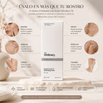 Tónico Exfoliante The Ordinary Glycolic Acid 7% de 100 ml en su empaque blanco, acompañado de ilustraciones que muestran sus posibles usos en rostro, pecho, espalda, codos, rodillas y talones. La imagen destaca beneficios como mejorar la textura y luminosidad de la piel, reducir imperfecciones y poros, y su fórmula acuosa de rápida absorción.