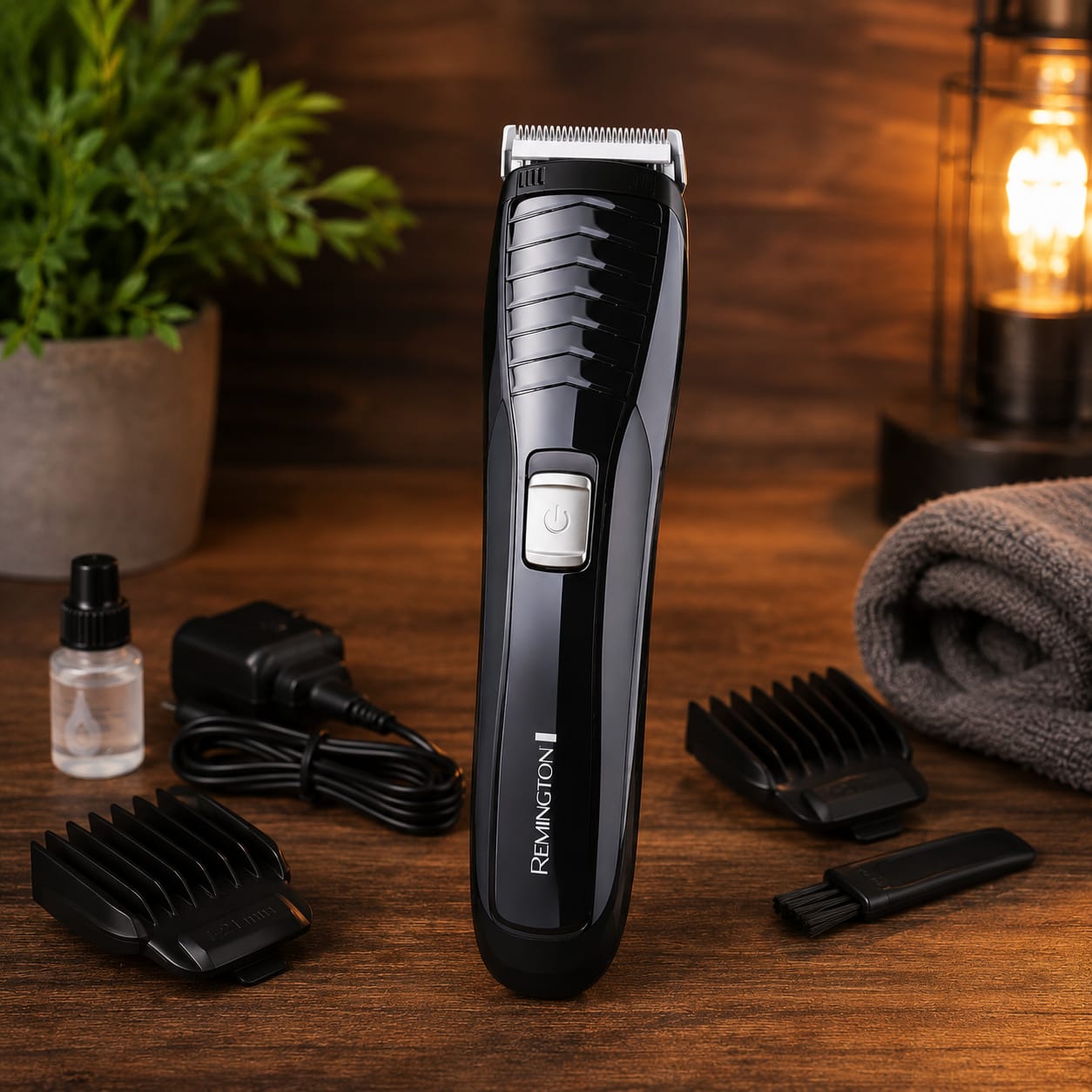 Caja de máquina cortadora de cabello inalámbrica Remington Power Series HC7130 en color negro y rojo. El empaque muestra la cortadora al frente e indica motor ProPower, 16 longitudes ajustables de 1 a 44 mm y hasta 40 minutos de autonomía. La caja está colocada sobre una mesa de madera con decoración de lámpara y plantas al fondo.