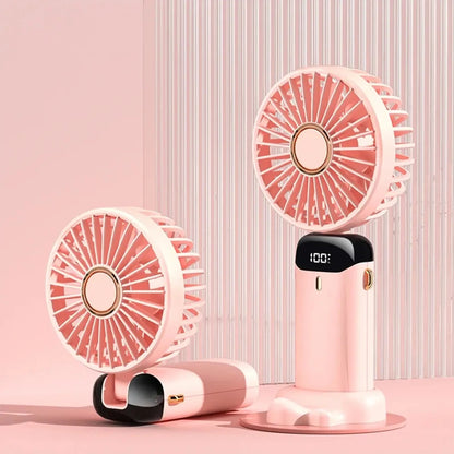 Ventilador portátil recargable USB con 5 velocidades, pantalla digital, base de escritorio, correa para cuello y batería de 1200 mAh.