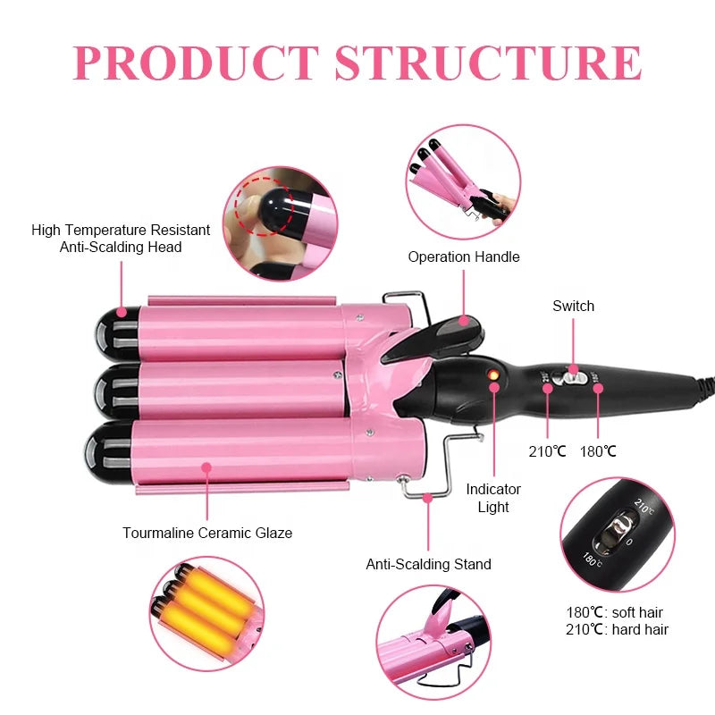 Rizador de cabello triple de tres barriles con acabado en color rosa y negro, diseñado para crear ondas de playa y peinados con volumen. La caja muestra las características del producto, incluyendo luz indicadora de funcionamiento, punta antiquemaduras, soporte de seguridad y temperaturas recomendadas de 180 °C para cabello fino y 210 °C para cabello grueso.