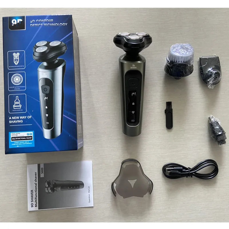 Afeitadora 4 en 1 Pro recargable con cabezal rotativo triple, perfilador nasal, cabezal de precisión y cepillo facial para el cuidado personal masculino.