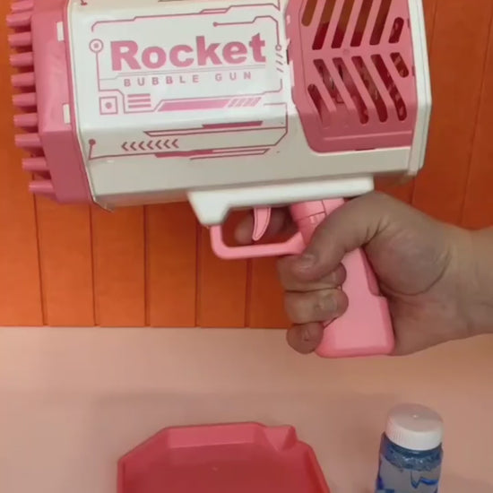 Juguete pistola de burbujas para niños ideal para fiestas, juegos recreativos y actividades al exterior.